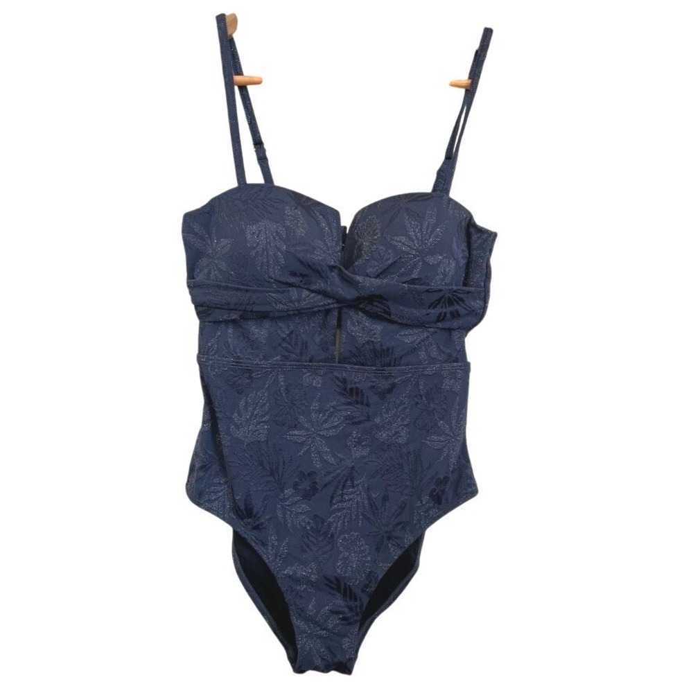 Cupshe Navy Blue Leaf‎ Print Metallic One Piece Swimsuit Medium M